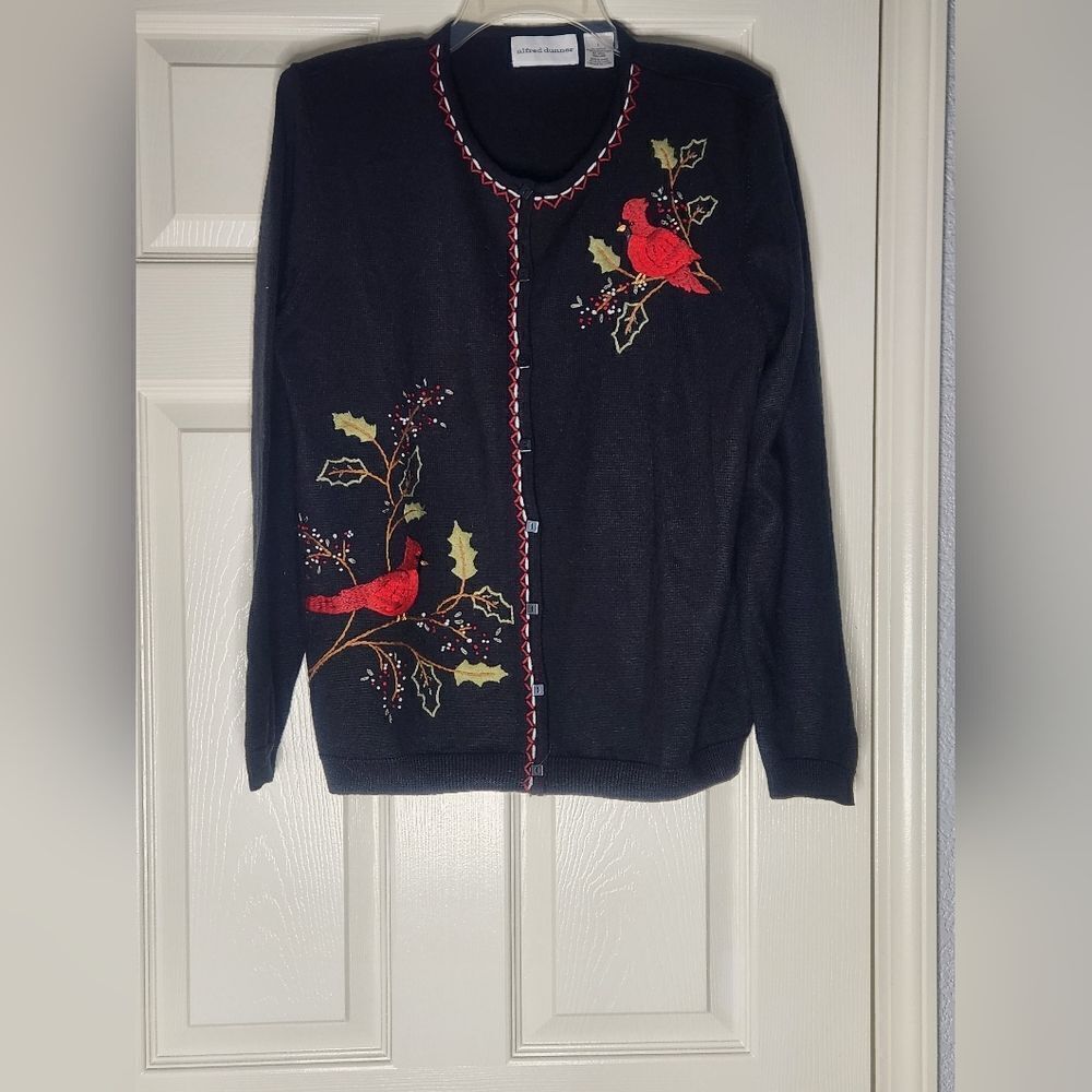 Vtg Alfred Dunner L Black WOOL Blend Embroidered Birds Buttons Up Women Cardigan